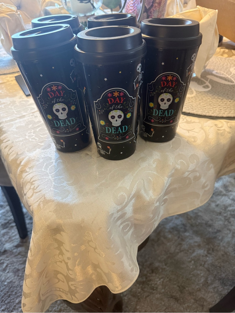 Black Day of the Dead Ceramic Travel Mug with Colorful Skull Design